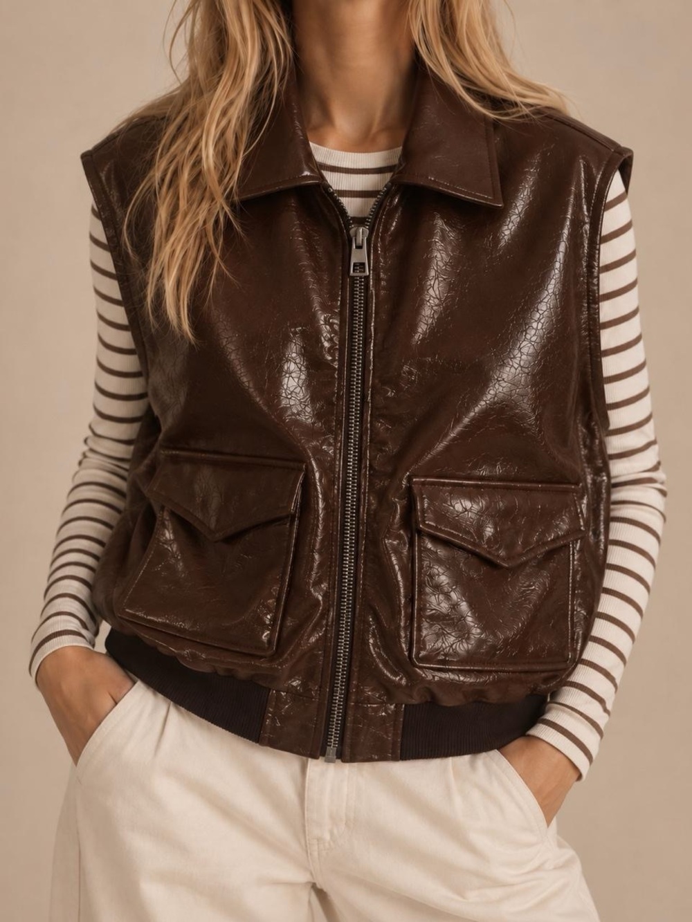 Brown Vegan Leather Zip Front Vest